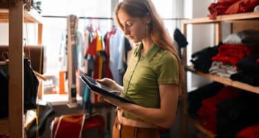 Imagem de uma mulher mexendo em um tablet em uma loja de roupas para simbolizar os desafios da mulher no mercado de trabalho